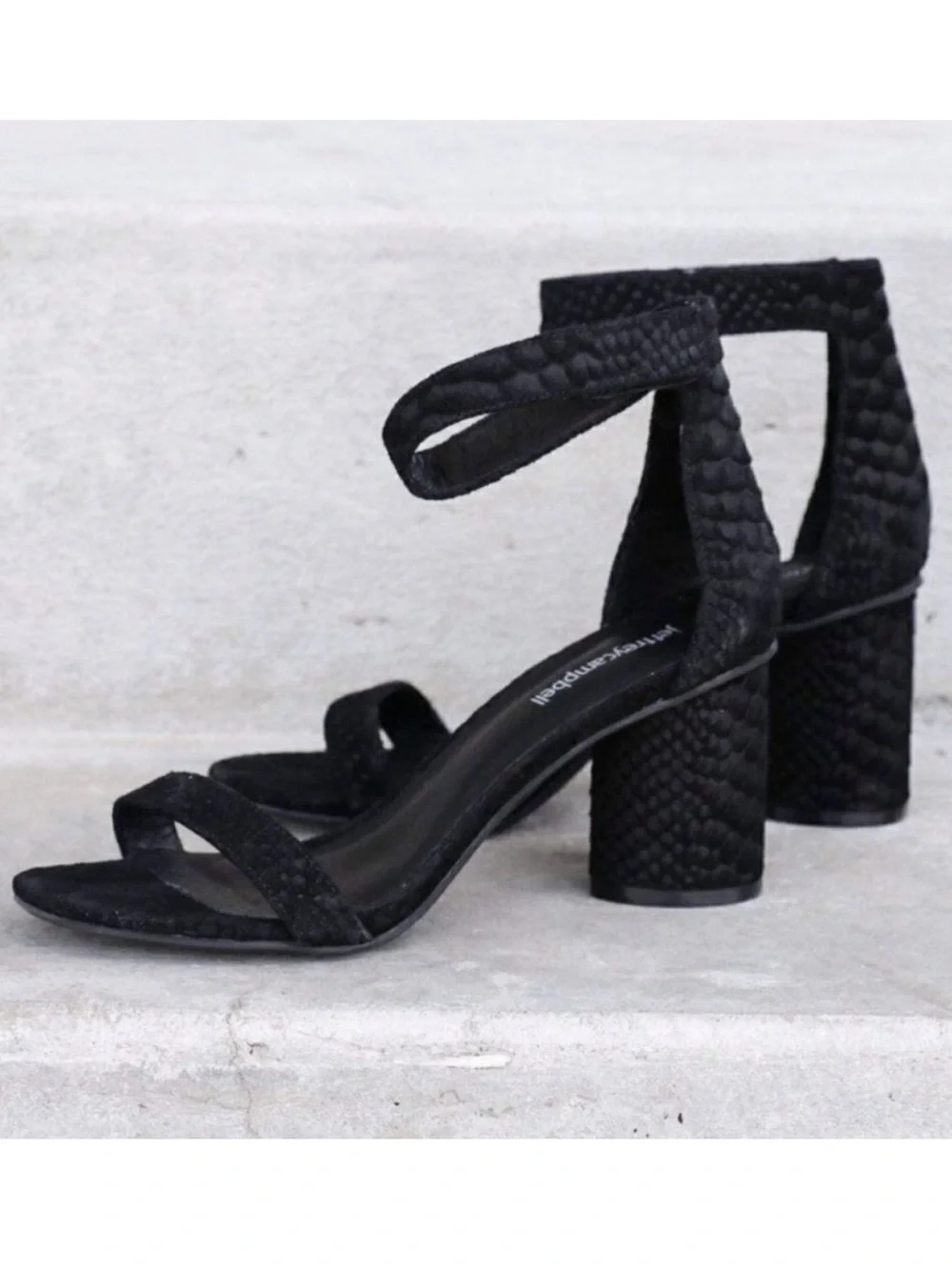 Jeffrey Campbell Laura Heels Size 6.5 Black Croc Ankle Strap Sandal Classic Chic